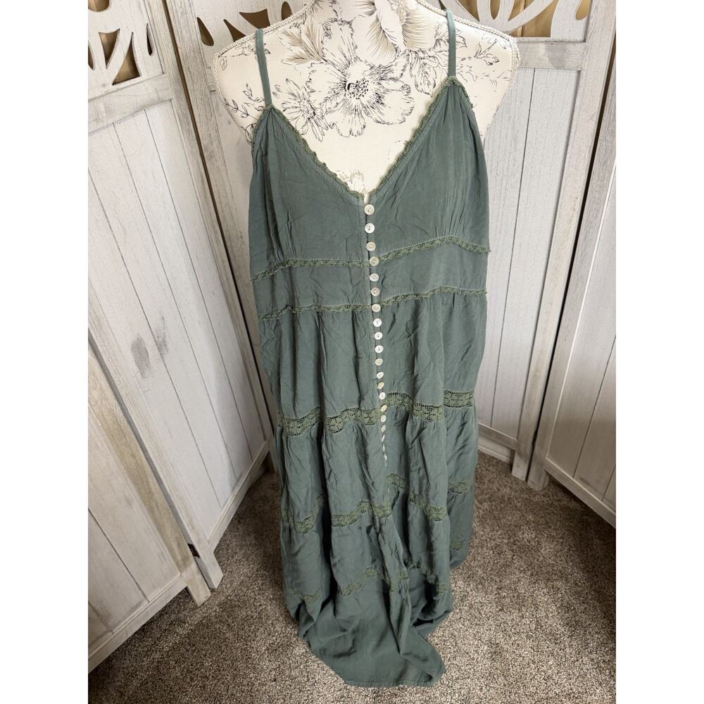VTG Y2K Cute Options Green Rayon Boho Hippie Button Dress Lace Size 3XL
